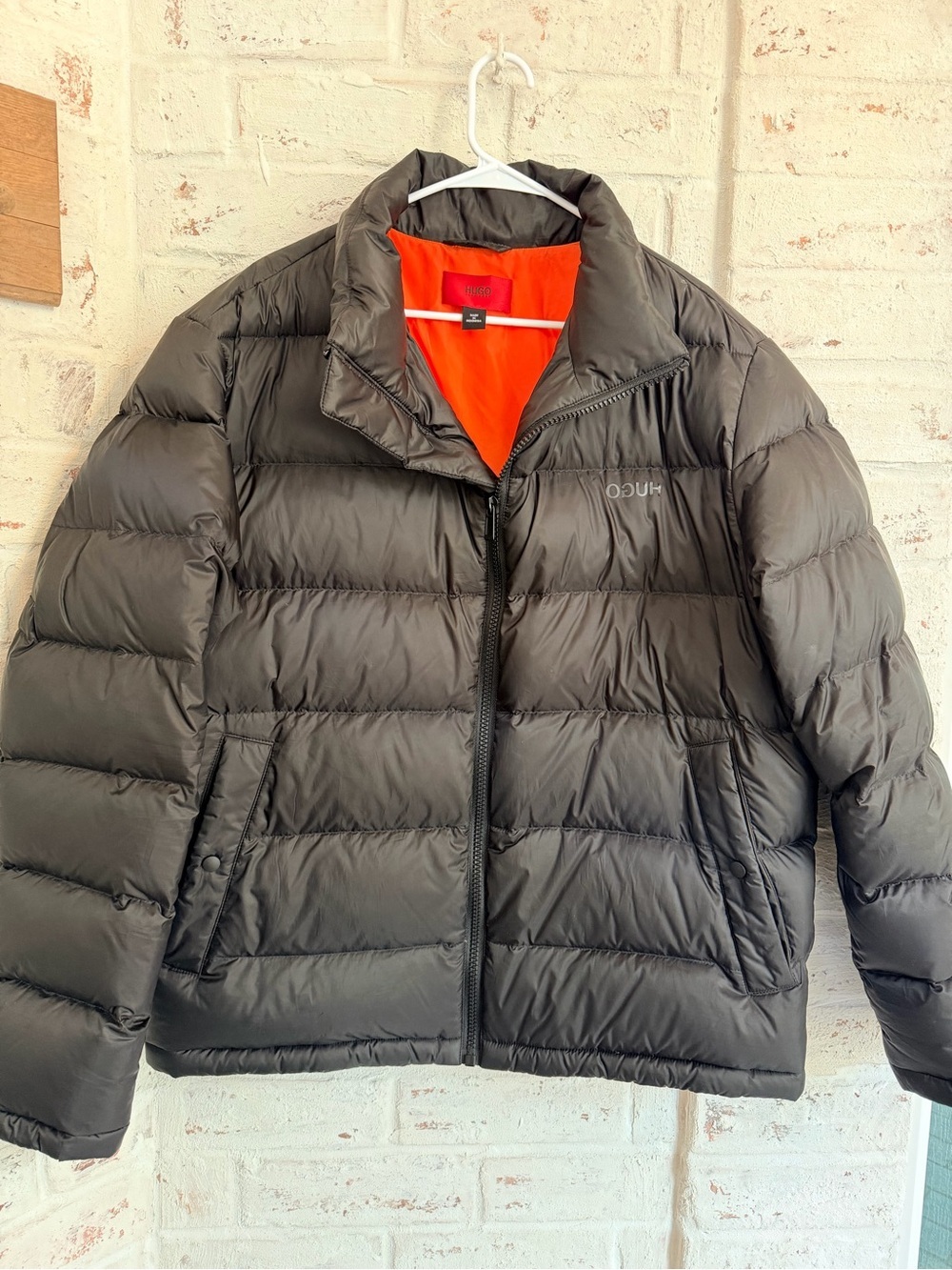 HUGO Hugo Boss Men’s XXL Black Puffer Jacket Big Logo Orange Lining
